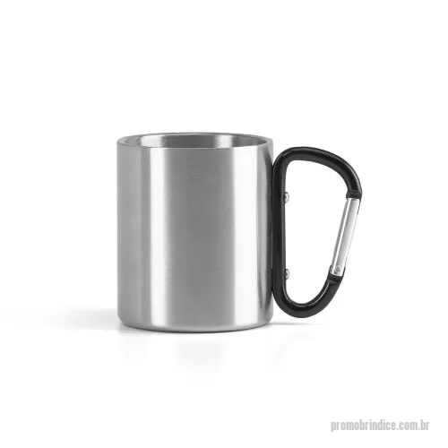 Caneca personalizada - Caneca produzida em aço inox, com capacidade de até 230 mL, alça em formato de mosquetão funcional e fornecimento em caixa presente. O diferencial está no pegador, que além de facilitar o manuseio permite prender a peça em mochilas, bolsas ou equipam