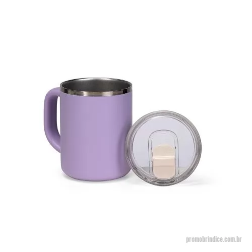 Caneca personalizada - Com design delicado e estrutura pensada para o uso diário, esta caneca de 450ml combina parede dupla, interior em inox 304 e revestimento externo em PP para oferecer praticidade em cafés, chás e outras bebidas. A tampa de pressão em AS, com protetor 