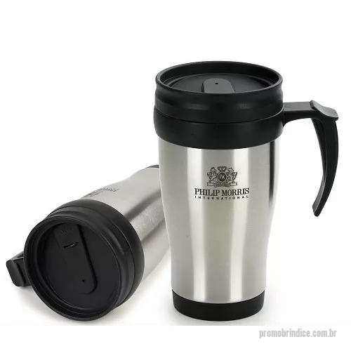 Caneca personalizada - Caneca inox de 400ml revestida internamente com PVC, pegador e detalhes em plástico resistente. Tampa rosqueável, possui compartimento que pode ser aberto para beber(não é térmica).