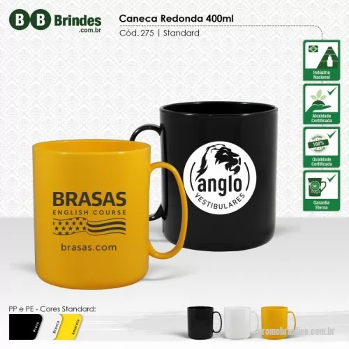 Caneca personalizada - Caneca redonda em plástico injetado PP, Atóxico, resistente a microondas e máquina de lavar, capacidade de 400 ml.