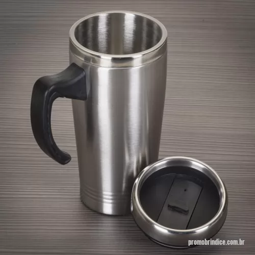 Caneca personalizada personalizada - Descrição: Caneca inox de 450ml, pegador de plástico e parte interna em inox. Possui tampa com compartimento que pode ser aberto para beber(não é térmica).  Altura :  18 cm  Largura :  13,1 cm  Medidas aproximadas para gravação (CxL):  8 cm x 7 cm  Peso aproximado (g):  224