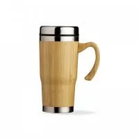 Caneca Bambu de 500ml, pegador de bambu e parte interna em inox. Possui tampa com compartimento que pode ser aberto para beber.