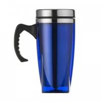 Caneca acrílica 450ml com fundo quadrangular com cabo plástico resistente, detalhes na tampa e compartimento interno de inox. Tampa plástica com compartimento que pode ser aberto para beber(não é térmica).