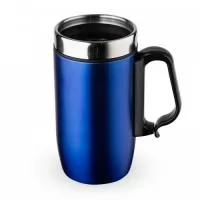 Caneca 250 ml parede dupla em Inox, com pegador de plástico, contém tampa com compartimento que ao deslizar, pode ser aberto para beber e base com EVA antiderrapante.
