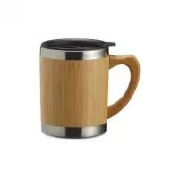 Caneca de bambu com capacidade de 300ml. Contém tampa plástica com bocal e trava de segurança.