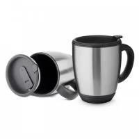 Caneca em aço inox de 450ml, parte interna em plástico, alça de mão plástica, tampa com vedação ideal para chás e cafés.