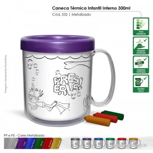 Caneca plástica personalizada - Caneca plástica injetada, atóxica, formada por duas peças encaixáveis e um refil para colorir. Acompanha 3 unidades de giz de cera. Capacidade de 300 mL