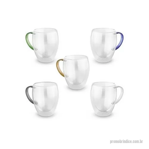 Caneca porcelana ou cerâmica ou vidro personalizada - Caneca de vidro borossilicato com parede dupla, com capacidade de até 350ml. Detalhe colorido na alça. Dimensão Produto: 11,5xø7,6cm Peso do Produto: 0,174g