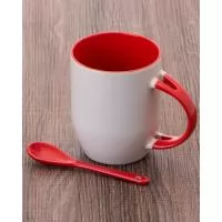 Caneca de cerâmica com colher para brindes personalizados. Com capacidade de 350 ml, ótimo acabamento, bom espaço para promover e divulgar sua marca com clientes e colaboradores