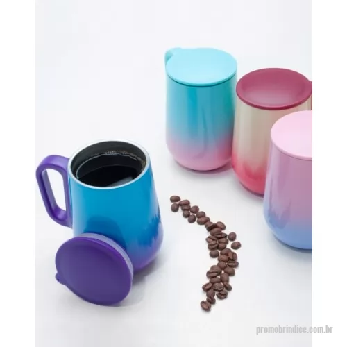 Caneca térmica personalizada - Caneca Bicolor Parede Dupla Personalizada, feita em inox, sua capacidade é para 250ml, sua tampa é plástica de encaixe, alça plástica e a base antiderrapante, disponível em 4 opções de cores. Amplo espaço para sua logo marca personalizada.