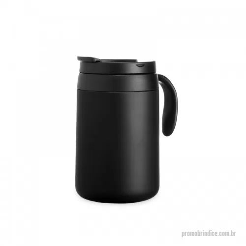 Caneca térmica personalizada - Caneca térmica feita em inox 304 com parede dupla, capacidade de 500ml. Contém tampa com acesso para o bocal, alça plástica e base antiderrapante. Disponível nas cores: azul, branca, dourada, preta, verde e vermelha. Personalização à Laser ou Silkscreen.