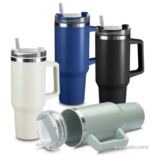 Caneca térmica personalizada - Caneca Térmica com interior em Plástico PP e externo em aço inox, alça plástica para transporte, tampa plástica com acesso para bico e canudo, com capacidade de 1.1L