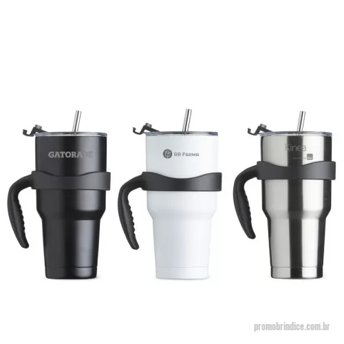 Caneca térmica personalizada - Caneca térmica de inox com capacidade de 800 ml, possui duas tampas acrílicas: uma com bocal, trava de segurança e tampa acoplada para dissipação de temperatura, e outra com compartimento deslizante. Acompanha canudo de inox e escovinha de limpeza.