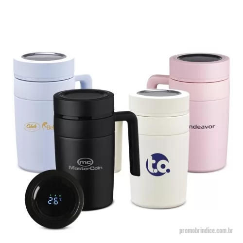 Caneca térmica personalizada - Caneca Térmica inox 500ml com infusor, e display LED com termômetro digital na tampa para indicar a temperatura do líquido.