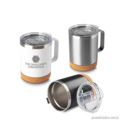 Caneca térmica personalizada - Caneca térmica em aço inox com parede dupla isolada à vácuo, tampa plástica e anel em silicone para vedação, alça lateral em inox na cor do produto, base em cortiça. Capacidade 350ml.