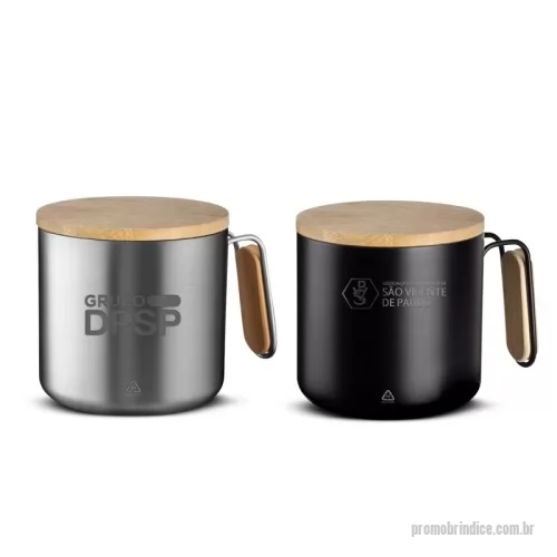 Caneca térmica personalizada - Caneca térmica em aço inox com parede dupla isolada à vácuo, tampa de bambu e anel em silicone para vedação, alça lateral com detalhe em bambu. Capacidade 380ml. 