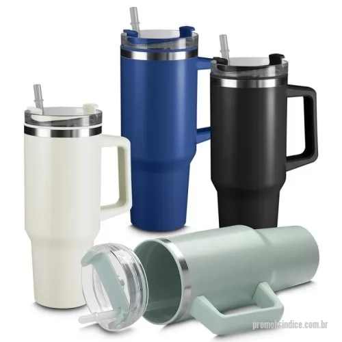 Caneca térmica personalizada - Caneca Térmica com interior em Plástico PP e externo em aço inox, alça plástica para transporte, tampa plástica com acesso para bico e canudo, com capacidade de 1.1L