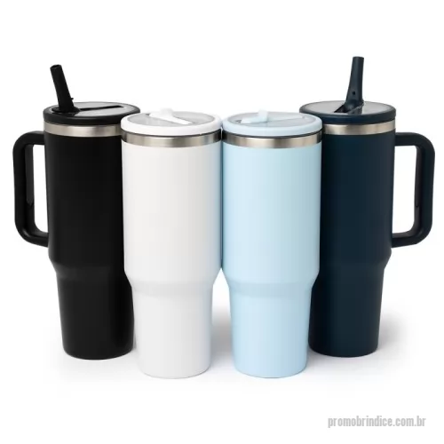 Caneca térmica personalizada - Caneca térmica com capacidade de 1,2 litros em inox 304 com parede dupla. Possui tampa acrílica rosqueável e bico flexível integrado para uso com o canudo. Conta com um prático pegador de plástico e acompanha canudo.