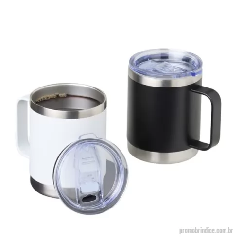 Caneca térmica personalizada - Caneca térmica de inox 390ml com parede dupla. Contém tampa acrílica com bocal e trava de segurança.