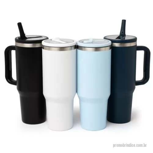 Caneca térmica personalizada - Caneca térmica com capacidade de 1,2 litros em inox 304 com parede dupla. Possui tampa acrílica rosqueável e bico flexível integrado para uso com o canudo. Conta com um prático pegador de plástico e acompanha canudo.