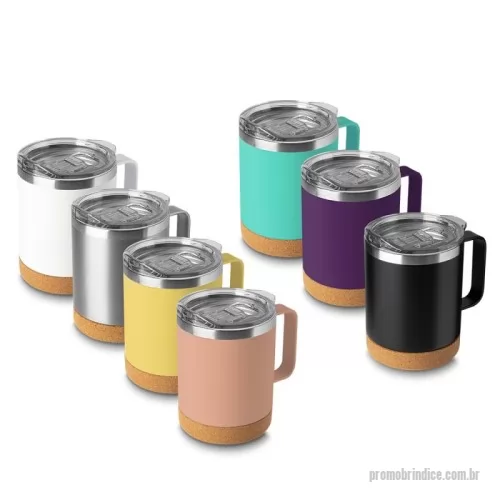 Caneca térmica personalizada - Caneca térmica em aço inox com parede dupla isolada à vácuo, tampa plástica e anel em silicone para vedação, alça lateral em inox na cor do produto, base em cortiça. Capacidade 350ml.