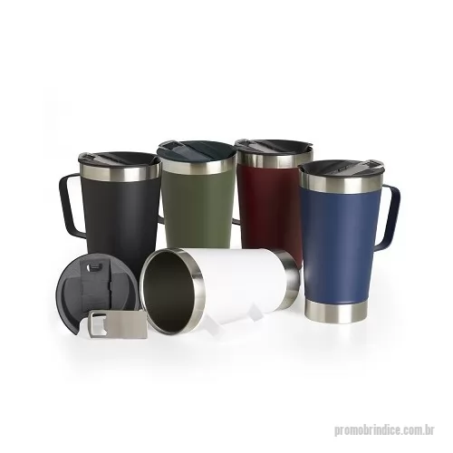 Caneca térmica personalizada - Caneca térmica de inox com capacidade para 500ml. Acompanha uma tampa de plástico e um abridor de garrafas. O abridor fica preso em um encaixe existente na tampa, porém é removível.