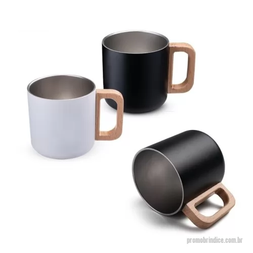 Caneca térmica personalizada - Descrição: Caneca térmica com parede dupla em inox, pintura externa eletrostática, alça em madeira e capacidade máxima de 400ml.  Altura :  8,6 cm  Largura :  12,2 cm  Circunferência :  28 cm