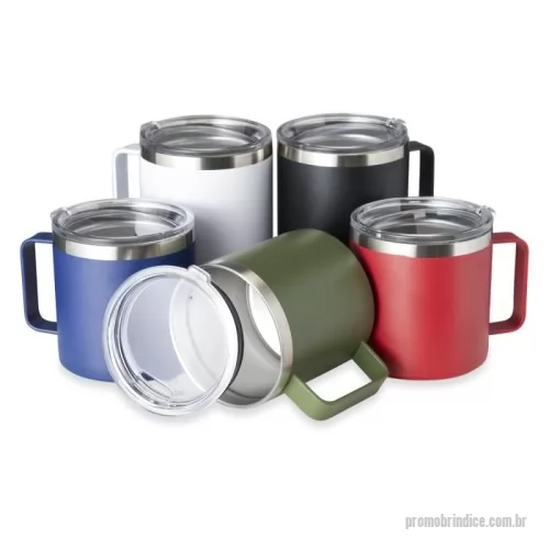Caneca térmica personalizada - Descrição: Caneca térmica de inox 450ml com parede dupla e tampa com acesso ao bocal.  Altura :  10,3 cm  Largura :  13 cm  Circunferência :  31,5 cm  Medidas aproximadas para gravação (CxL):  7 cm X 6 cm