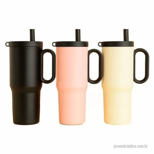 Caneca térmica personalizada - Caneca térmica em inox 304 com pintura eletrostática, alça lateral em plástico e capacidade de até 750ml. Conta com estrutura de parede dupla e vedação a vácuo para manter a temperatura de líquidos por mais tempo. Possui tampa plástica rosqueável com acesso para canudo, infusor removível e alça para fixação de chaveiro ou gancho. Acompanha canudo plástico para encaixe. Gravação da logomarca em 1 cor já inclusa.