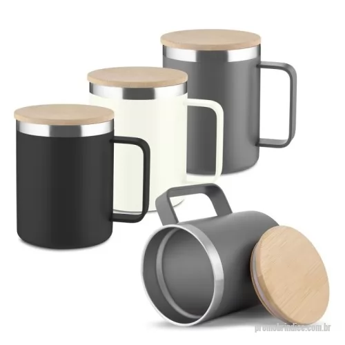 Caneca térmica personalizada - Caneca térmica 400ml, produzida em inox reciclado (304 interno / 201 externo), com tampa em bambu, pintura a pó.