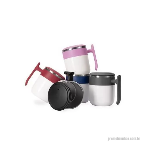 Caneca térmica personalizada - Caneca com design modero, feita em inox e capacidade de até 350 ml. Ela possui revestimento externo, alça e tampa de encaixe em plástico, além da base emborrachada antiderrapante para oferecer mais segurança durante seu uso. Altura : 11 cm Largura : 