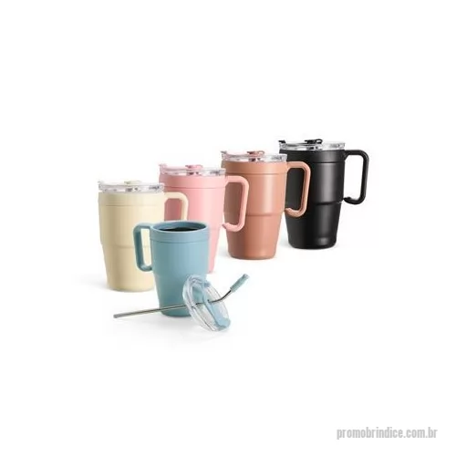 Caneca térmica personalizada - Caneca térmica em inox com pintura eletrostática e capacidade de até 600 ml. Apresenta estrutura de parede dupla, base antiderrapante e tampa plástica com vedação a vácuo, protetor emborrachado para o bocal com acesso para canudo. Acompanha canudo de
