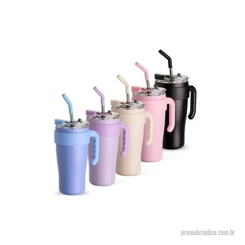 Caneca térmica personalizada - Caneca térmica em inox com capacidade máxima de 800 ml. Possui estrutura em parede dupla, alça ergonômica em plástico, tampa rosqueável com vedação a vácuo, protetor para bocal e acesso para canudo com tampa em silicone. Acompanha canudo de inox com 