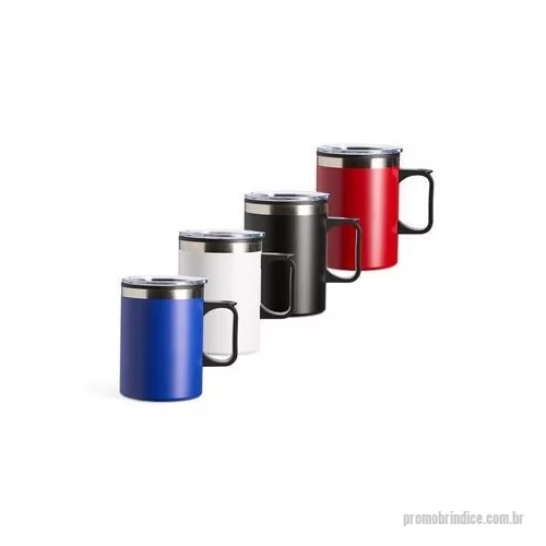 Caneca térmica personalizada - Caneca plástica com capacidade de até 375 ml e revestimento externo em inox que reduz o contato direto com a temperatura dos líquidos. Conta com tampa plástica com bocal e trava de segurança, além de base emborrachada antiderrapante. Altura : 12,3 cm