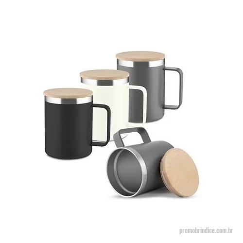 Caneca térmica personalizada - Caneca térmica em inox com pintura eletrostática e capacidade de até 350 ml. Apresenta estrutura de parede dupla, permitindo a conservação de líquidos por mais tempo. Dispõe ainda com tampa em bambu com anel de vedação em silicone. Altura : 11,5 cm L