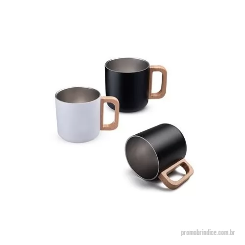 Caneca térmica personalizada - Caneca térmica com parede dupla em inox, pintura externa eletrostática, alça em madeira e capacidade máxima de 400 ml. Altura : 8,6 cm Largura : 12,2 cm Circunferência : 28 cm Peso aproximado g : 143