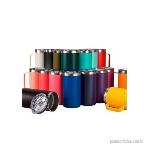 Caneca térmica personalizada - Caneca térmica em inox livre de BPA com pintura eletrostática e capacidade de até 500 ml. Apresenta estrutura de parede dupla e vedação a vácuo, permitindo a conservação da temperatura de líquidos por mais tempo. Possui tampa em plástico com proteção