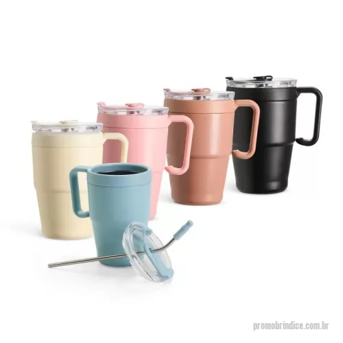 Caneca térmica personalizada - 	Caneca térmica em inox com pintura eletrostática e capacidade de até 600ml. Apresenta estrutura de parede dupla, base antiderrapante e tampa plástica com vedação a vácuo, protetor emborrachado para o bocal com acesso para canudo. Acompanha canudo de inox com ponta removível em plástico.