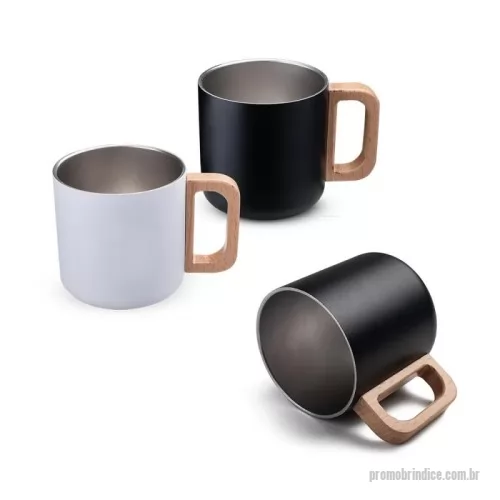 Caneca térmica personalizada - 	Caneca térmica com capacidade de 400ml, parede dupla em aço inox (304 interno / 201 externo), alça em madeira.