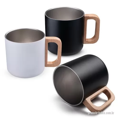 Caneca térmica personalizada - Caneca térmica com capacidade de 400ml, parede dupla em aço inox (304 interno / 201 externo), alça em madeira.