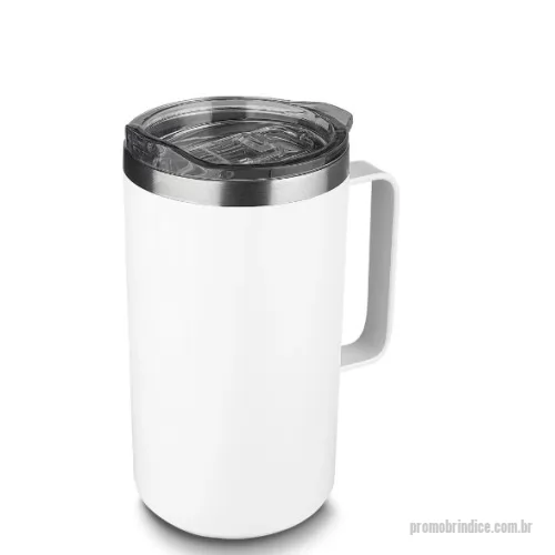 Caneca térmica personalizada - Caneca térmica em aço inox com parede dupla isolada à vácuo, tampa plástica e anel em silicone para vedação, alça lateral. Capacidade 750ml. Conserva líquidos quentes por até 4 horas e frios por até 6 horas