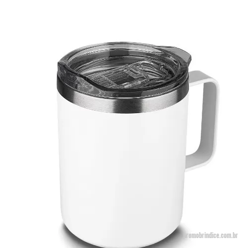 Caneca térmica personalizada - Caneca térmica em aço inox com parede dupla isolada à vácuo, tampa plástica e anel em silicone para vedação, alça lateral. Capacidade 350ml. Conserva líquidos quentes por até 3 horas.