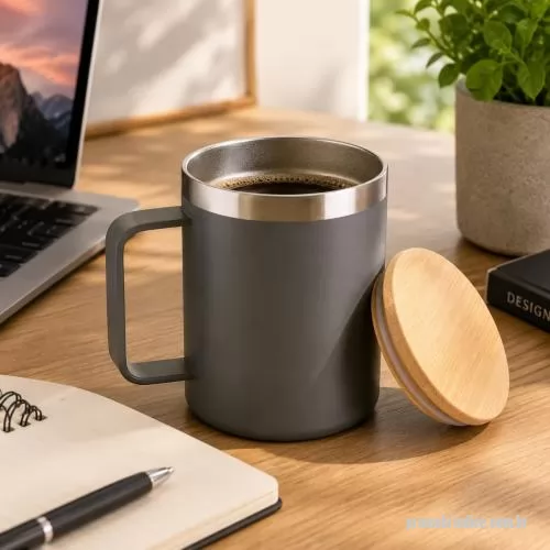 Caneca térmica personalizada - Caneca térmica com capacidade de 400ml, produzida em inox reciclado, sendo aço 304 na parte interna e aço 201 na estrutura externa. Possui acabamento em pintura a pó, alça lateral para manuseio e tampa em bambu, que acrescenta um toque natural ao vis