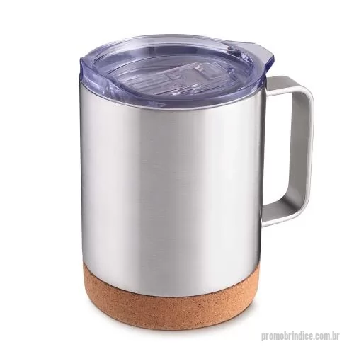 Caneca térmica personalizada - Caneca térmica com capacidade de 350ml, fabricada em aço inox com acabamento brilhoso, parede dupla e isolamento a vácuo para auxiliar na conservação da temperatura das bebidas. A tampa plástica possui anel de silicone para vedação, enquanto a alça l