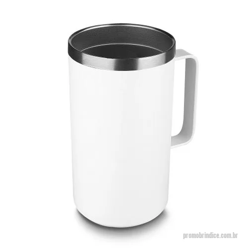 Caneca térmica personalizada - Caneca térmica com capacidade de 750ml, produzida em aço inox com parede dupla e isolamento a vácuo, estrutura que auxilia na conservação da temperatura das bebidas. A superfície externa recebe pintura a pó, oferecendo acabamento uniforme e visual co