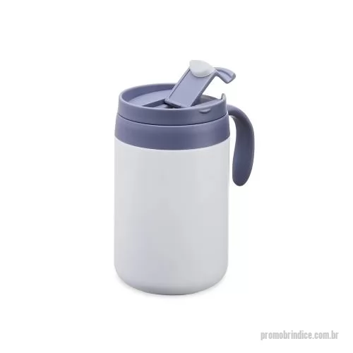 Caneca térmica personalizada - Caneca térmica em inox 304 com capacidade de 500ml, estrutura de parede dupla, tampa com acesso para o bocal, alça plástica e base antiderrapante. Seu formato combina resistência e praticidade, sendo ideal para manter bebidas protegidas durante a rot
