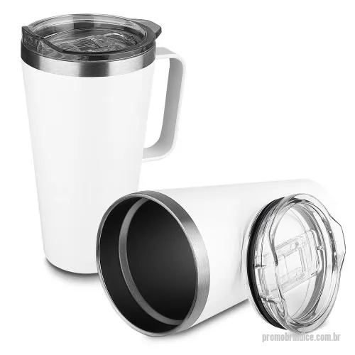 Caneca térmica personalizada - Caneca térmica com capacidade de 530ml, produzida em aço inox com parede dupla e isolamento a vácuo, recurso que ajuda a manter bebidas quentes ou frias por mais tempo. A parte externa recebe pintura a pó, formando uma superfície uniforme e contempor