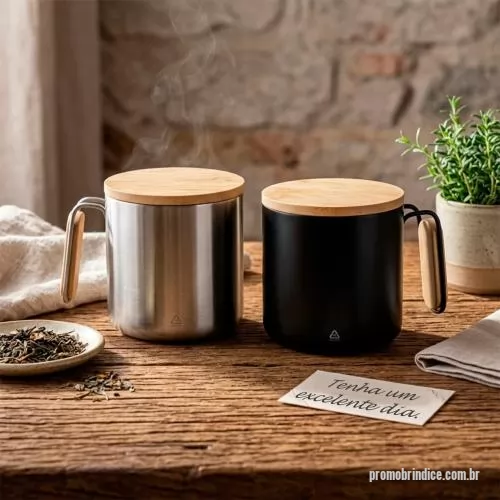 Caneca térmica personalizada - Caneca térmica produzida em aço inox, com capacidade de 330ml e estrutura de parede dupla que auxilia na conservação da temperatura da bebida. O modelo acompanha tampa em bambu, criando um fechamento elegante e um contraste natural com o acabamento m