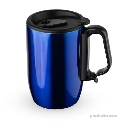 Caneca térmica personalizada - Caneca de parede dupla em inox, 350ml. Tampa de pressão em plástico com abertura deslizante. Alça em plástico e base em EVA antiderrapante.