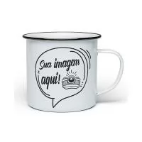 Caneca de alumínio branca personalizada. Confeccionada em alumínio, com capacidade de 360 ml ela possui camada esmaltada própria para receber a aplicada de transfer na personalização da logomarca